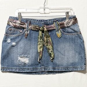 Vintage Pure Oxygen Distressed Denim Micro Mini Skirt w/Patterned Scarf Belt - L